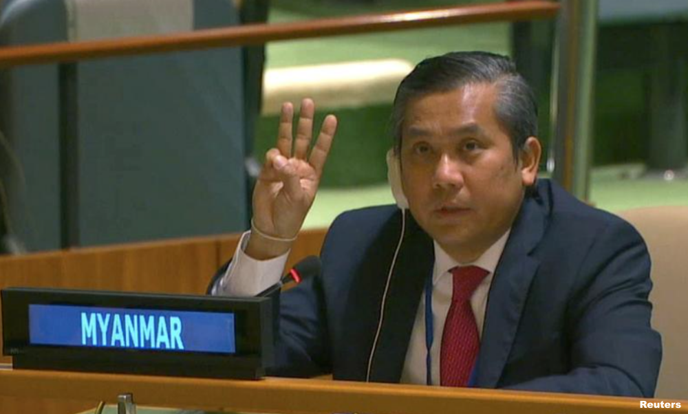 Myanmar envoy gives three-finger salute, appeals to UN to stop coup