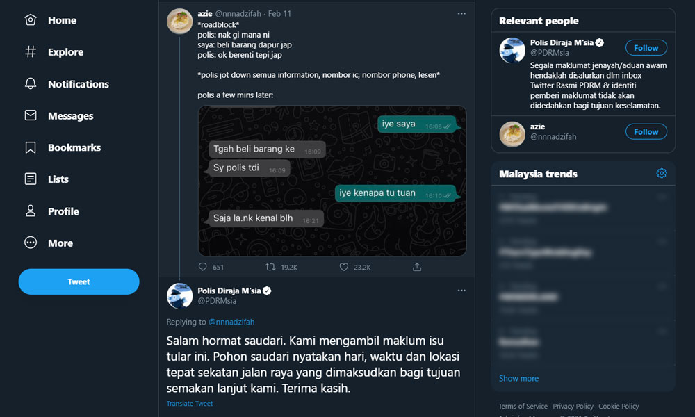 Polis siasat anggota mesej wanita lepas tahan di sekatan jalan
